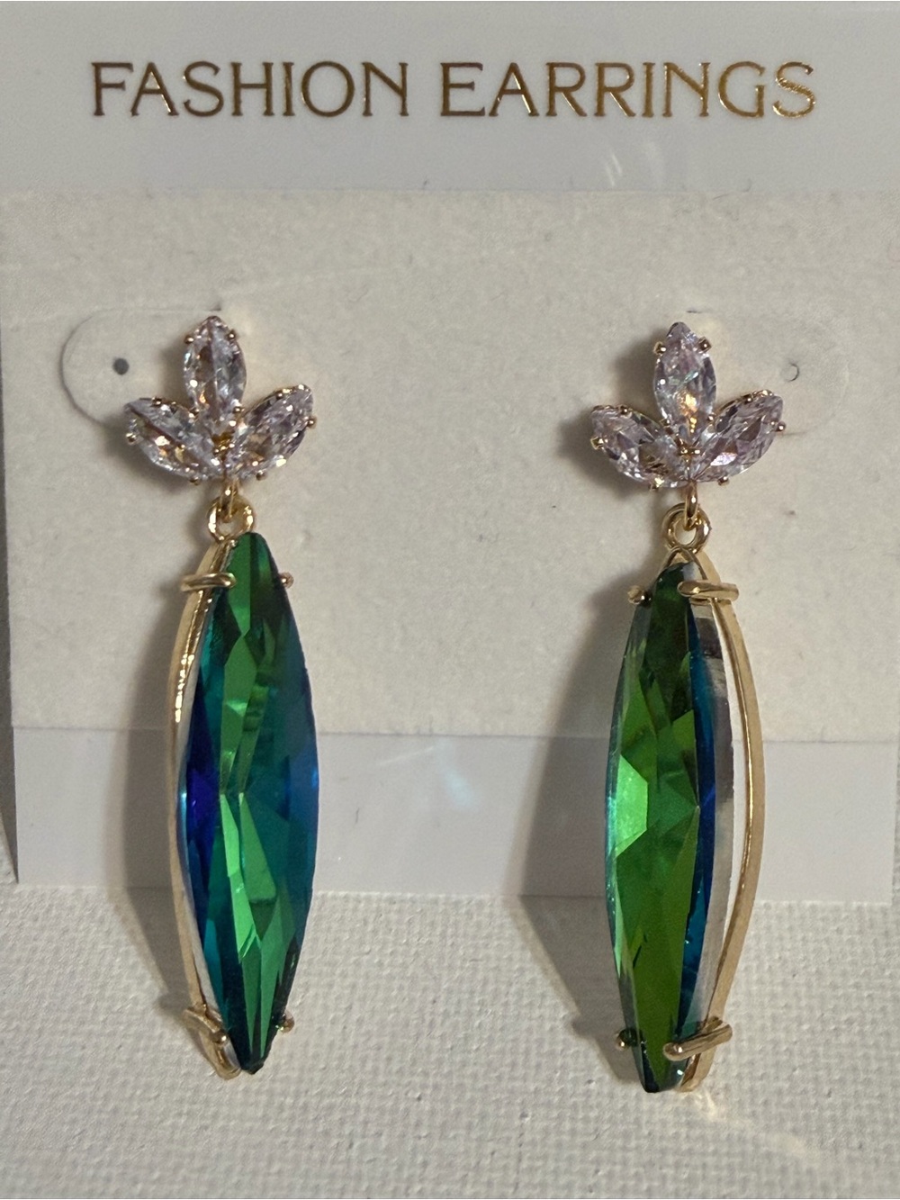 Vintage Gold Tone Emerald Green Navette Crystal Leaf Drop Earrings Deadstock
